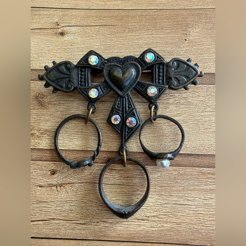 Vintage “1928” Brooch (1993) - Rhinestones, Pearl, Antique Bronze Metal Finish